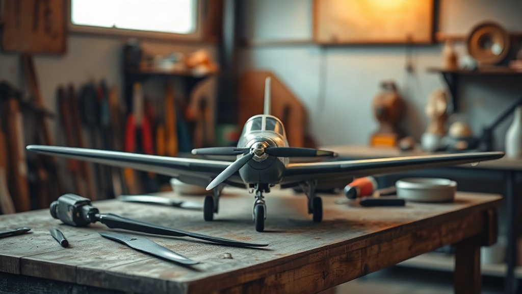 RC model airplane on a workshop bench